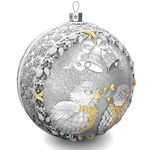 Set of 4 silver Christmas balls "Bullfinches, Snowflakes, Bells and a Happy childhood"